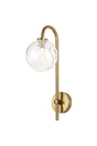 Whitley Curved Arm Wall Lamp 1 Light IP44 Brass Gold/Clear Waved Round Glass