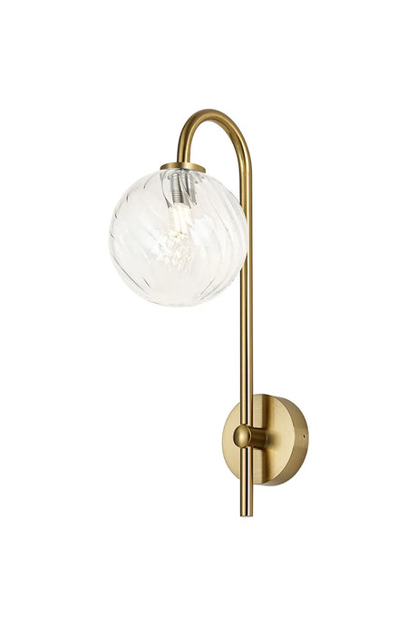 Whitley Curved Arm Wall Light, 1 Light G9, IP44, Brass Gold/Clear Swirl Round Glass