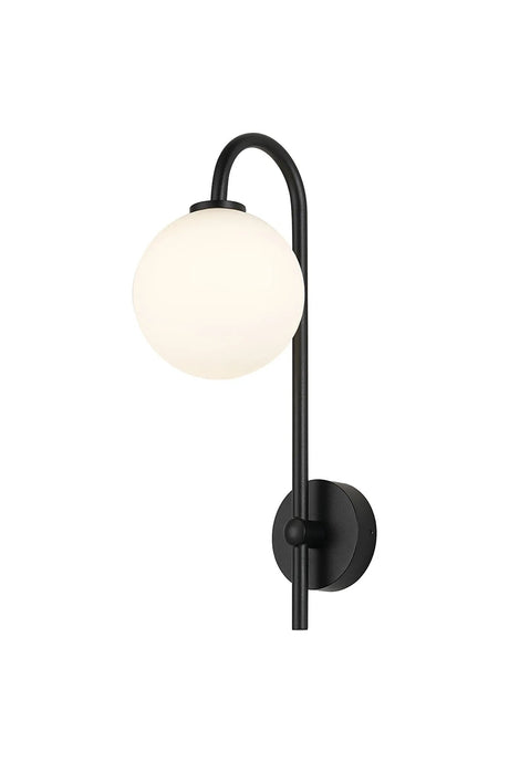 Whitley Curved Arm Wall Lamp 1 Light IP44 Satin Black/Opal Smooth Round Glass
