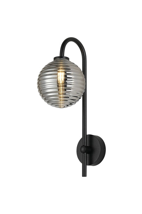 Whitley Curved Arm Wall Lamp 1 Light IP44 Satin Black/Smoke Ribbed Round Glass