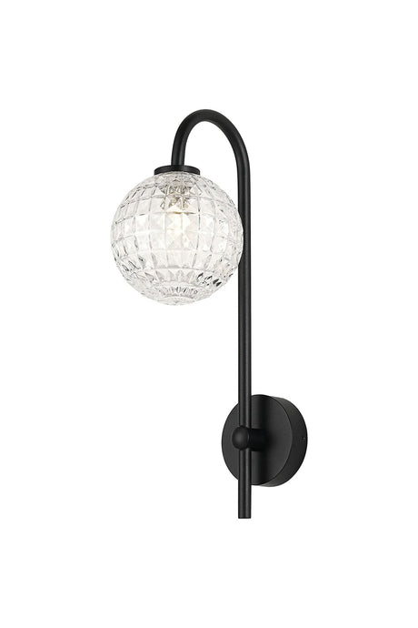 Whitley Curved Arm Wall Lamp 1 Light IP44 Satin Black/Clear Cross Pattern Round Glass