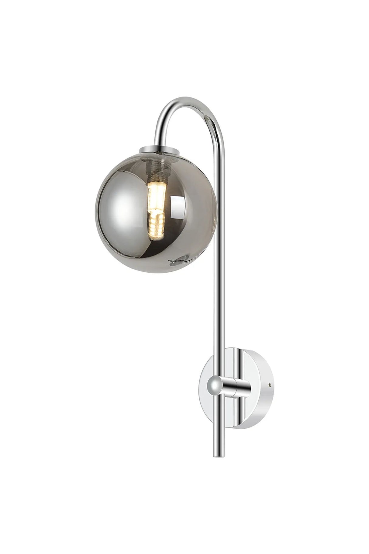 Whitley Curved Arm Wall Lamp 1 Light IP44 Polished Chrome/Smoke Smooth Round Glass