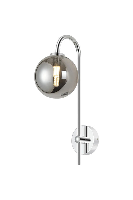 Whitley Curved Arm Wall Lamp 1 Light IP44 Polished Chrome/Smoke Smooth Round Glass