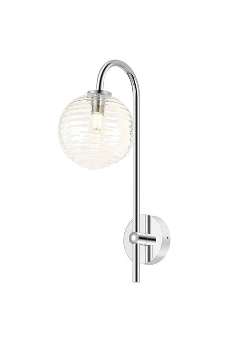 Whitley Curved Arm Wall Lamp 1 Light IP44 Polished Chrome/Clear Ribbed Round Glass