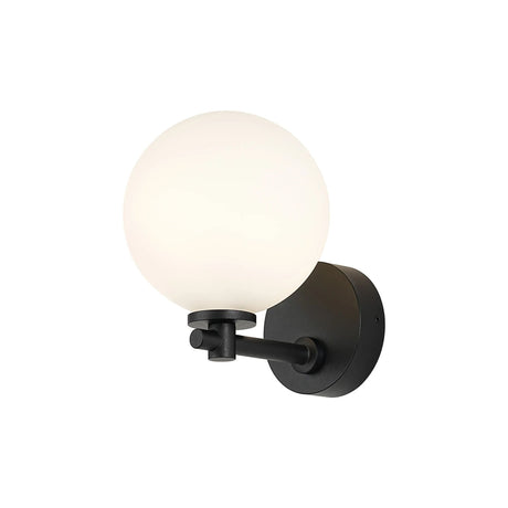 Whitley Short Arm Wall Lamp 1 Light IP44 Satin Black/Opal Smooth Round Glass