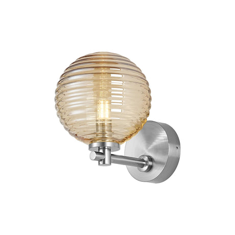 Whitley Short Arm Wall Light, 1 Light G9, IP44, Polished Chrome/Amber Ribbed Round Glass
