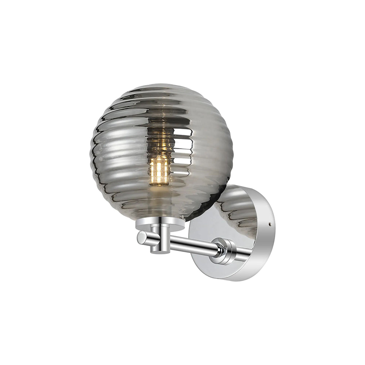 Whitley Short Arm Wall Light, 1 Light G9, IP44, Polished Chrome/Smoke Ribbed Round Glass