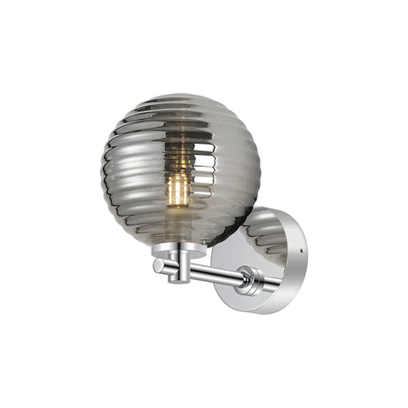 Whitley Short Arm Wall Light, 1 Light G9, IP44, Polished Chrome/Smoke Ribbed Round Glass