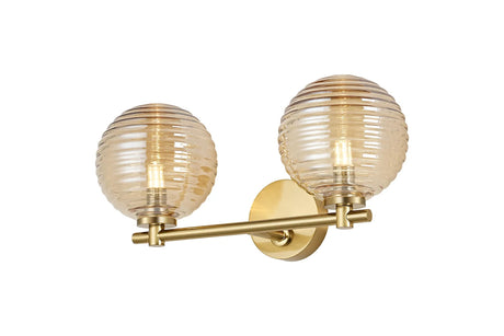 Whitley Short Arm Wall Lamp 2 Light IP44 Brass Gold/Amber Ribbed Round Glass