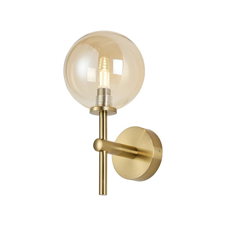 Whitley Medium Arm Wall Lamp 1 Light IP44 Brass Gold/Amber Smooth Round Glass
