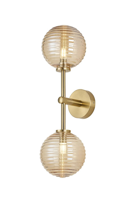 Whitley Medium Arm Wall Lamp 2 Light IP44 Brass Gold/Amber Ribbed Round Glass
