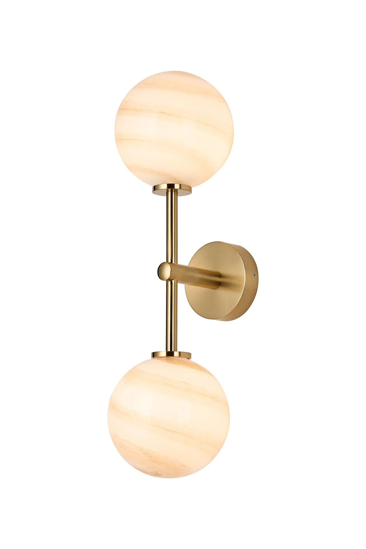 Whitley Medium Arm Wall Lamp 2 Light IP44 Brass Gold/Brown Round Marble Effect Glass
