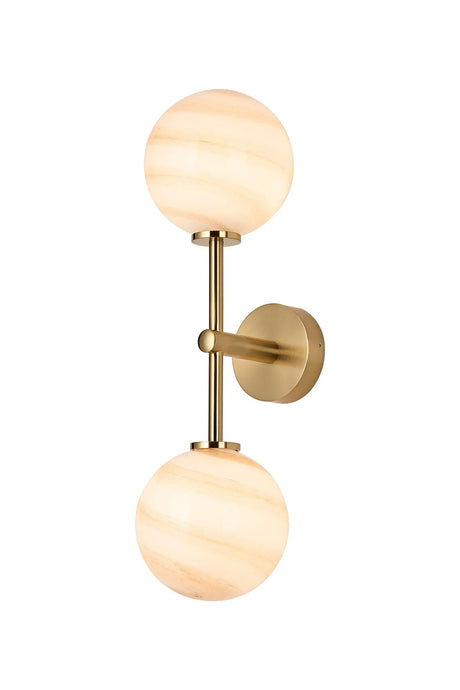 Whitley Medium Arm Wall Lamp 2 Light IP44 Brass Gold/Brown Round Marble Effect Glass