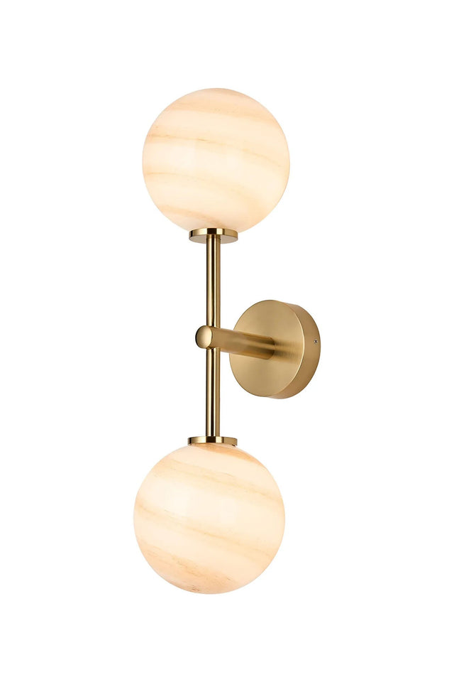 Whitley Medium Arm Wall Lamp 2 Light IP44 Brass Gold/Brown Round Marble Effect Glass