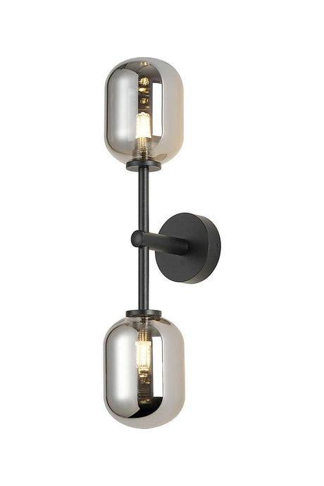 Whitley Medium Arm Wall Lamp 2 Light IP44 Satin Black/Smoke Smooth Tubular Glass