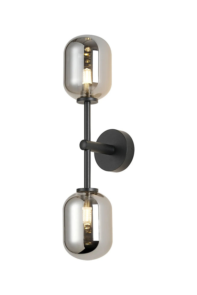 Whitley Medium Arm Wall Lamp 2 Light IP44 Satin Black/Smoke Smooth Tubular Glass