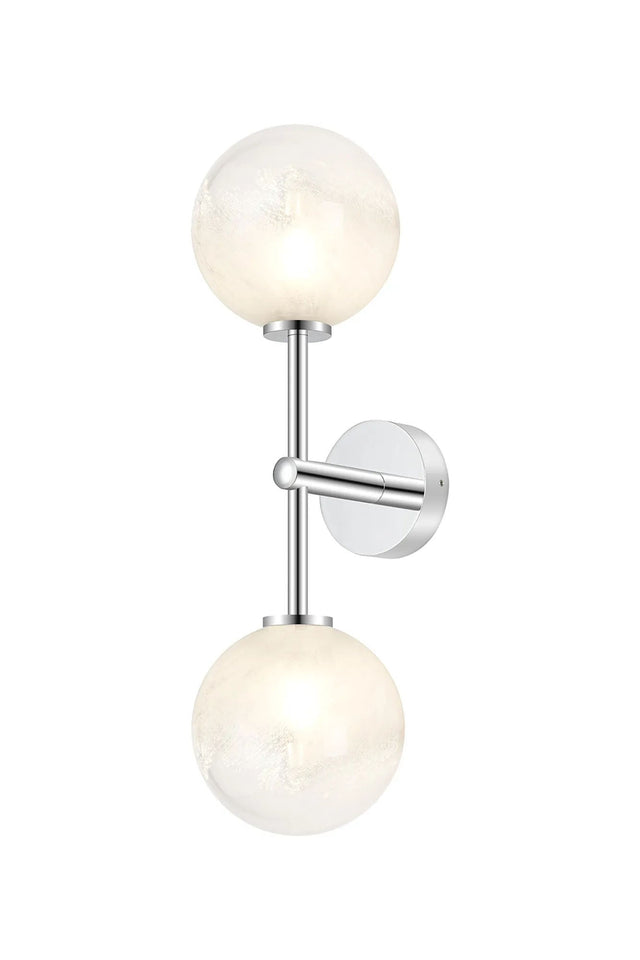 Whitley Medium Arm Wall Lamp 2 Light IP44 Polished Chrome/White Two-Tone Snow Specks Round Glass