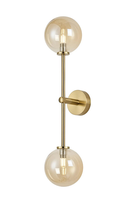 Whitley Tall Arm Wall Lamp 2 Light IP44 Brass Gold/Amber Smooth Round Glass