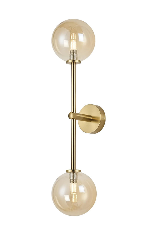Whitley Tall Arm Wall Lamp 2 Light IP44 Brass Gold/Amber Smooth Round Glass