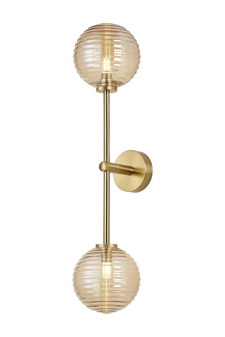 Whitley Tall Arm Wall Lamp 2 Light IP44 Brass Gold/Amber Ribbed Round Glass