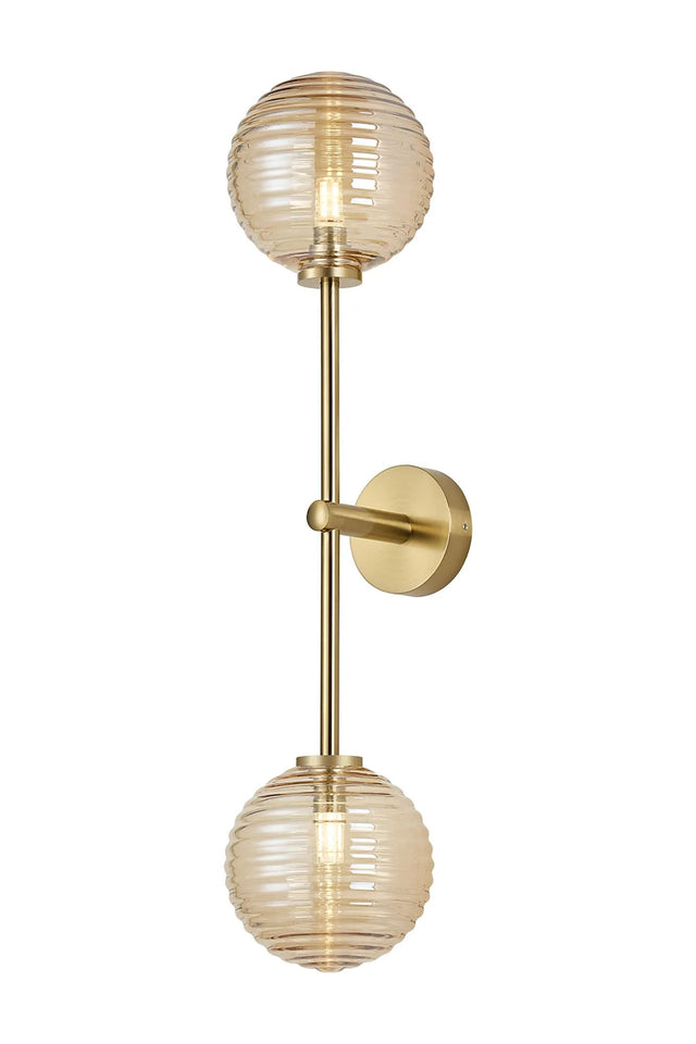 Whitley Tall Arm Wall Lamp 2 Light IP44 Brass Gold/Amber Ribbed Round Glass