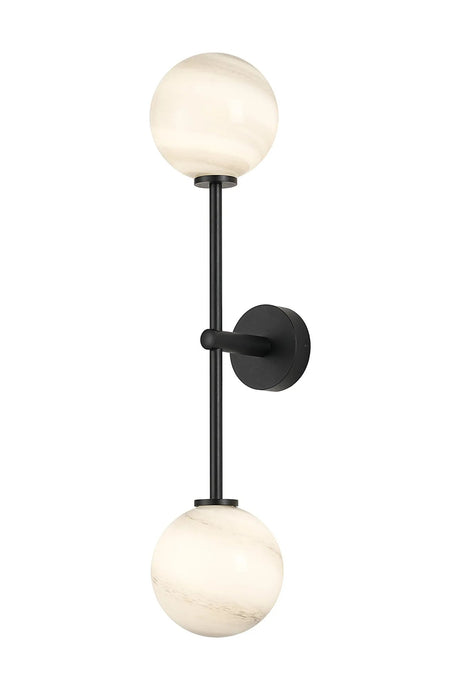 Whitley Tall Arm Wall Lamp 2 Light IP44 Satin Black/Grey Round Marble Effect Glass