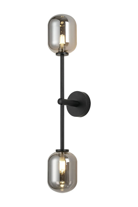 Whitley Tall Arm Wall Lamp 2 Light IP44 Satin Black/Smoke Smooth Tubular Glass