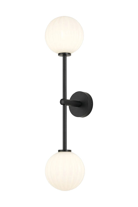 Whitley Tall Arm Wall Lamp 2 Light IP44 Satin Black/Opal Round Segment Glass