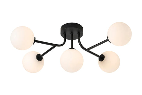 Whitley Linear Semi Flush Ceiling 5 Light IP44 Satin Black/Opal Smooth Round Glass