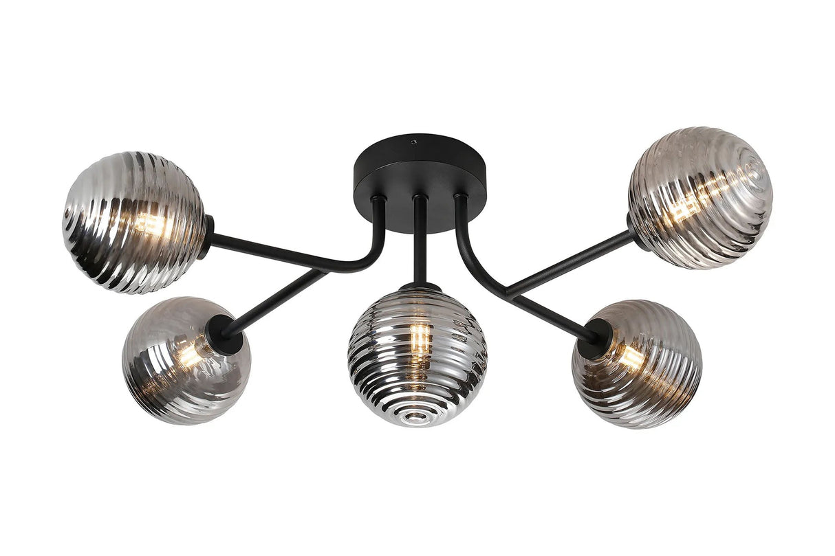 Whitley Linear Semi Flush Ceiling 5 Light IP44 Satin Black/Smoke Ribbed Round Glass