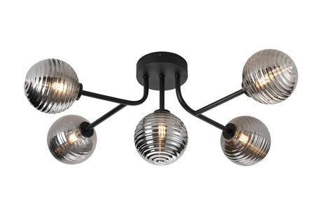 Whitley Linear Semi Flush Ceiling 5 Light IP44 Satin Black/Smoke Ribbed Round Glass