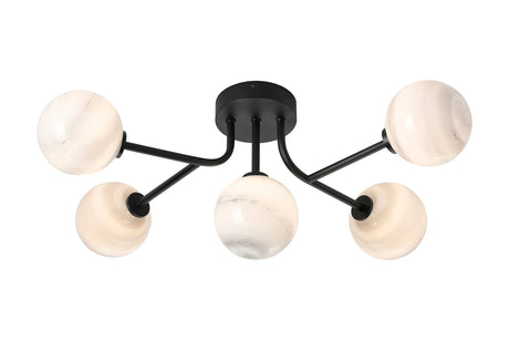 Whitley Linear Semi Flush Ceiling 5 Light IP44 Satin Black/Grey Round Marble Effect Glass