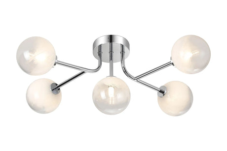 Whitley Linear Semi Flush Ceiling 5 Light IP44 Polished Chrome/White Two-Tone Snow Specks Round Glass