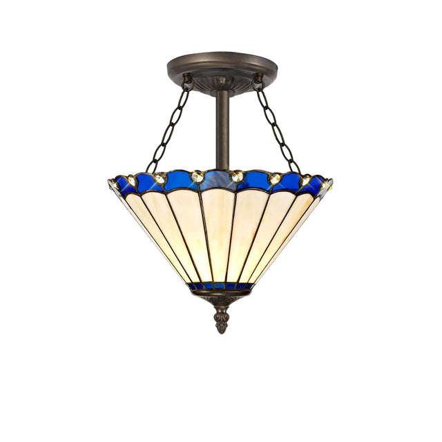 Williams 3 Light Semi Flush E27 With 30cm Tiffany Shade, Blue/Cream/Crystal/Aged Antique Brass