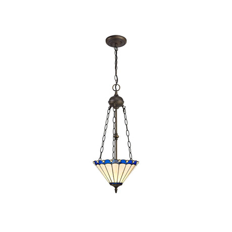 Williams 2 Light Uplighter Pendant E27 With 30cm Tiffany Shade, Blue/Cream/Crystal/Aged Antique Brass