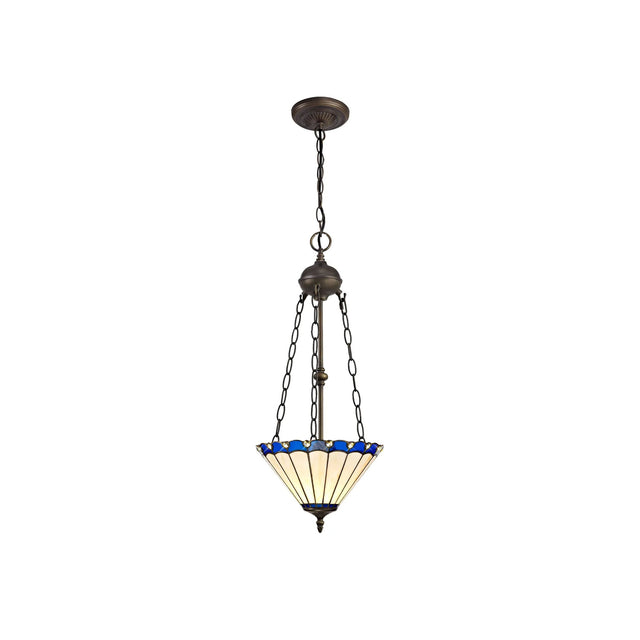 Williams 2 Light Uplighter Pendant E27 With 30cm Tiffany Shade, Blue/Cream/Crystal/Aged Antique Brass