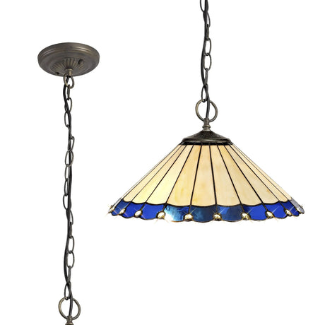 Williams 3 Light Downlighter Pendant E27 With 40cm Tiffany Shade, Blue/Cream/Crystal/Aged Antique Brass