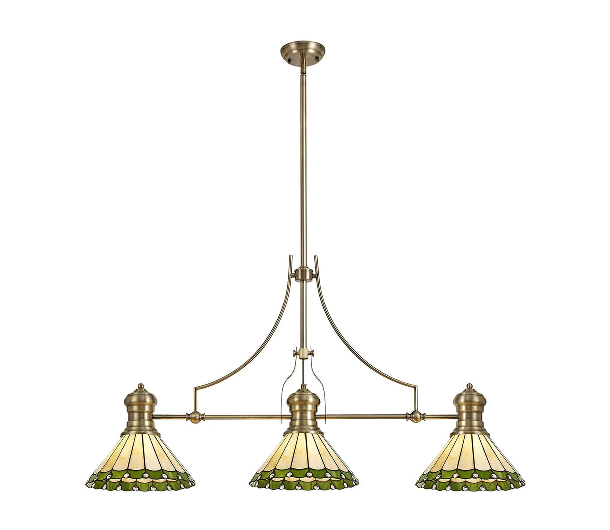 Williams 3 Light Linear Pendant E27 With 30cm Tiffany Shade, Antique Brass, Green, Cream, Crystal