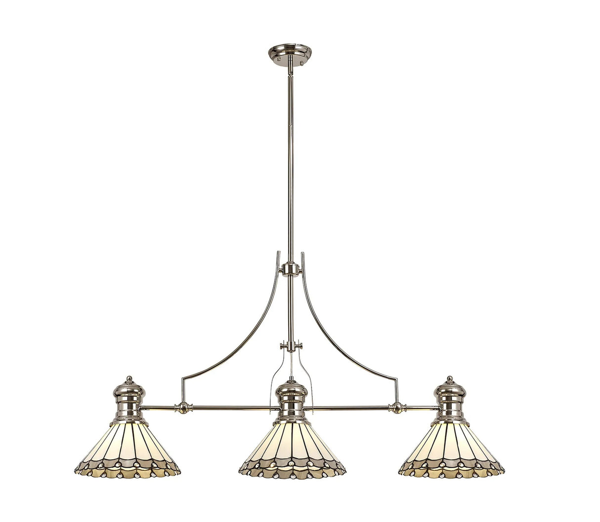 Williams 3 Light Linear Pendant E27 With 30cm Tiffany Shade, Polished Nickel, Grey, Cream, Crystal