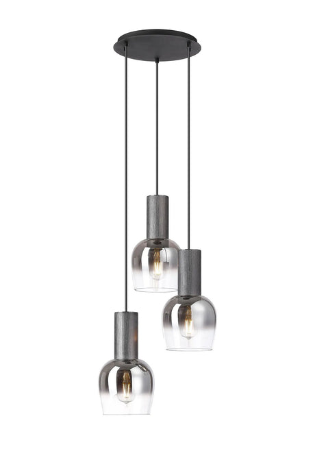 Withe 44cm Round Pendant, 3 x E27, Gun Metal/Satin Black/Smoke Fade Wine Glass