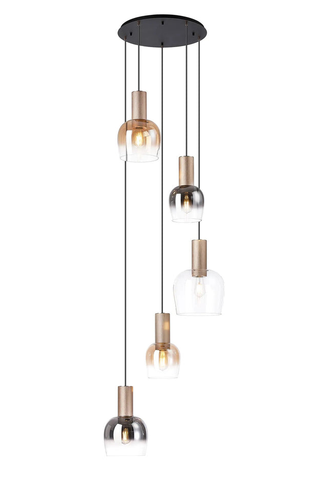 Withe 66cm Round Pendant, 5 x E27, Titanium Gold/Satin Black/Amber Fade/Clear/Smoke Fade Wine Glass