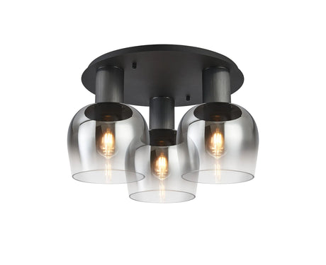 Withe 63.5cm Round Ceiling Light, 3 x E27, Gun Metal/Satin Black/Smoke Fade Wine Glass