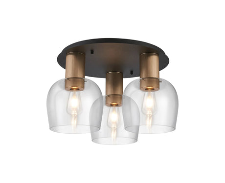 Withe 63.5cm Round Ceiling Light, 3 x E27, Titanium Gold/Satin Black/Clear Wine Glass