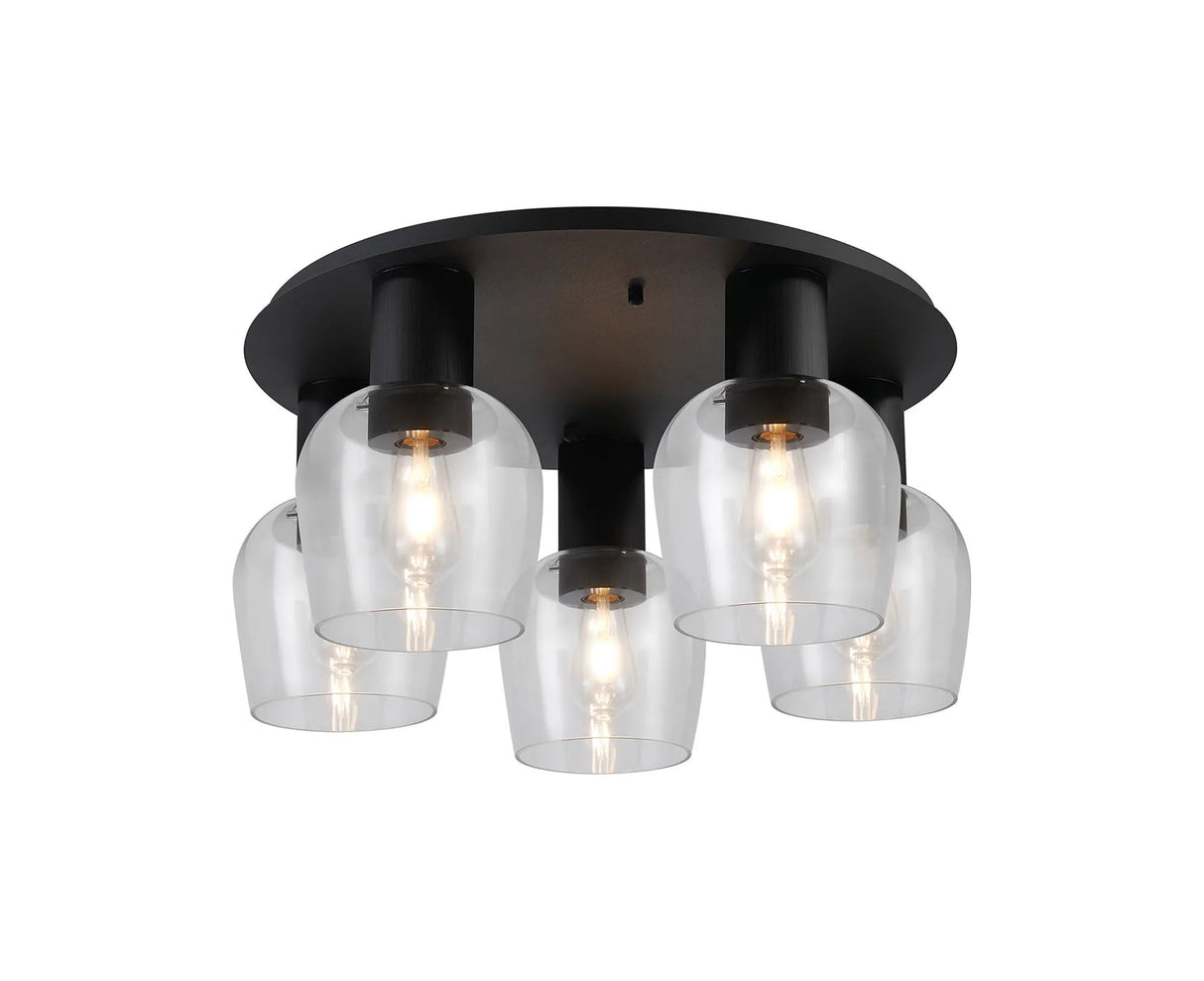 Withe 60cm Round Ceiling Light, 5 x E27, Satin Black/Clear Wine Glass