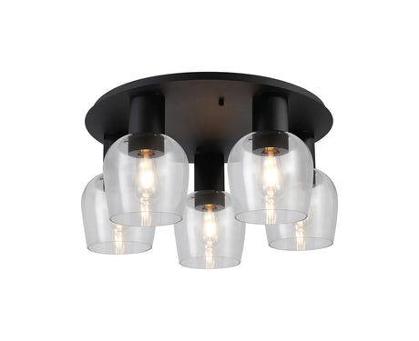 Withe 60cm Round Ceiling Light, 5 x E27, Satin Black/Clear Wine Glass