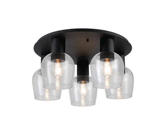 Withe 60cm Round Ceiling Light, 5 x E27, Satin Black/Clear Wine Glass