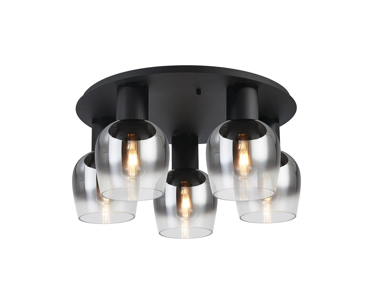 Withe 60cm Round Ceiling Light, 5 x E27, Satin Black/Smoke Fade Wine Glass