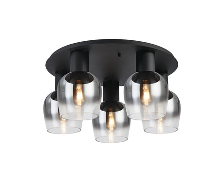Withe 60cm Round Ceiling Light, 5 x E27, Satin Black/Smoke Fade Wine Glass