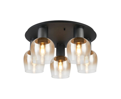 Withe 60cm Round Ceiling Light, 5 x E27, Gun Metal/Satin Black/Amber Fade Wine Glass