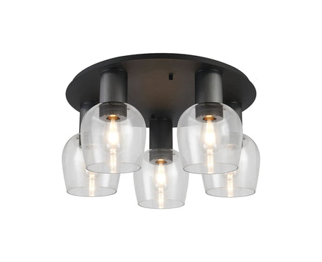 Withe 60cm Round Ceiling Light, 5 x E27, Gun Metal/Satin Black/Clear Wine Glass